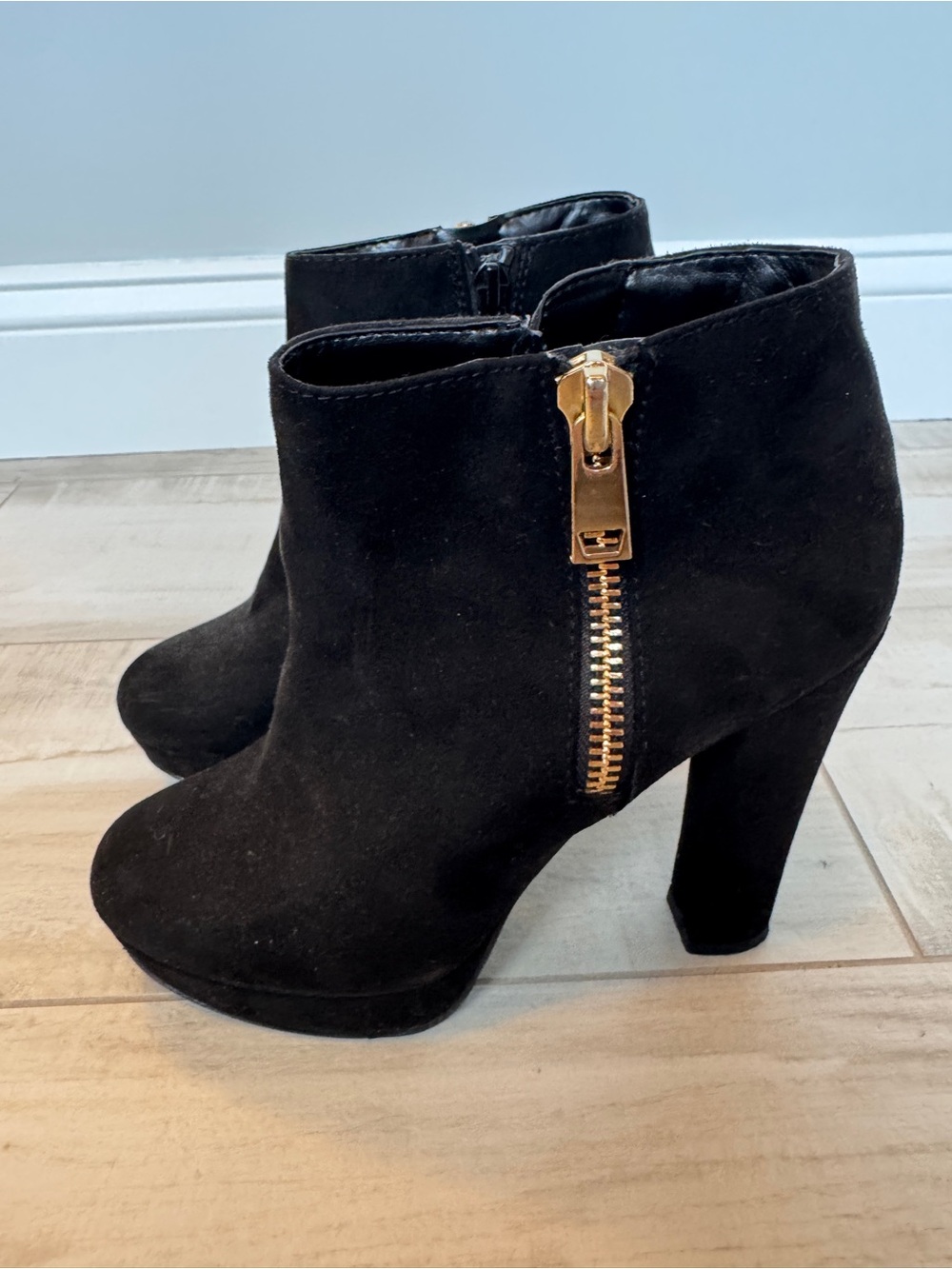 Aldo Black Suede-Look Ankle Booties with Gold Zip Accent